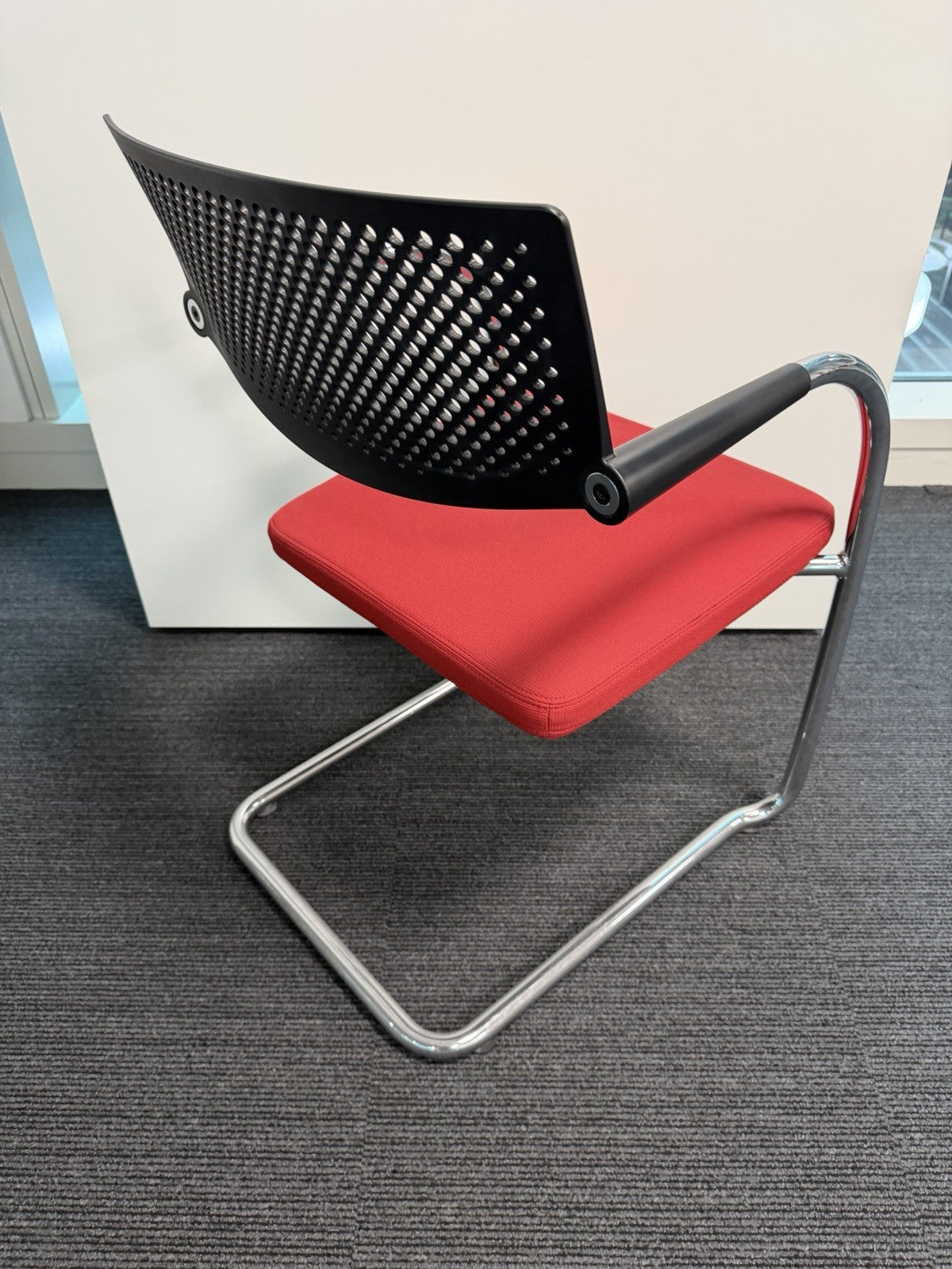 Vitra Visavis Visitor Chair Red Fabric Seat, Black Perforated Back, Chrome Frame