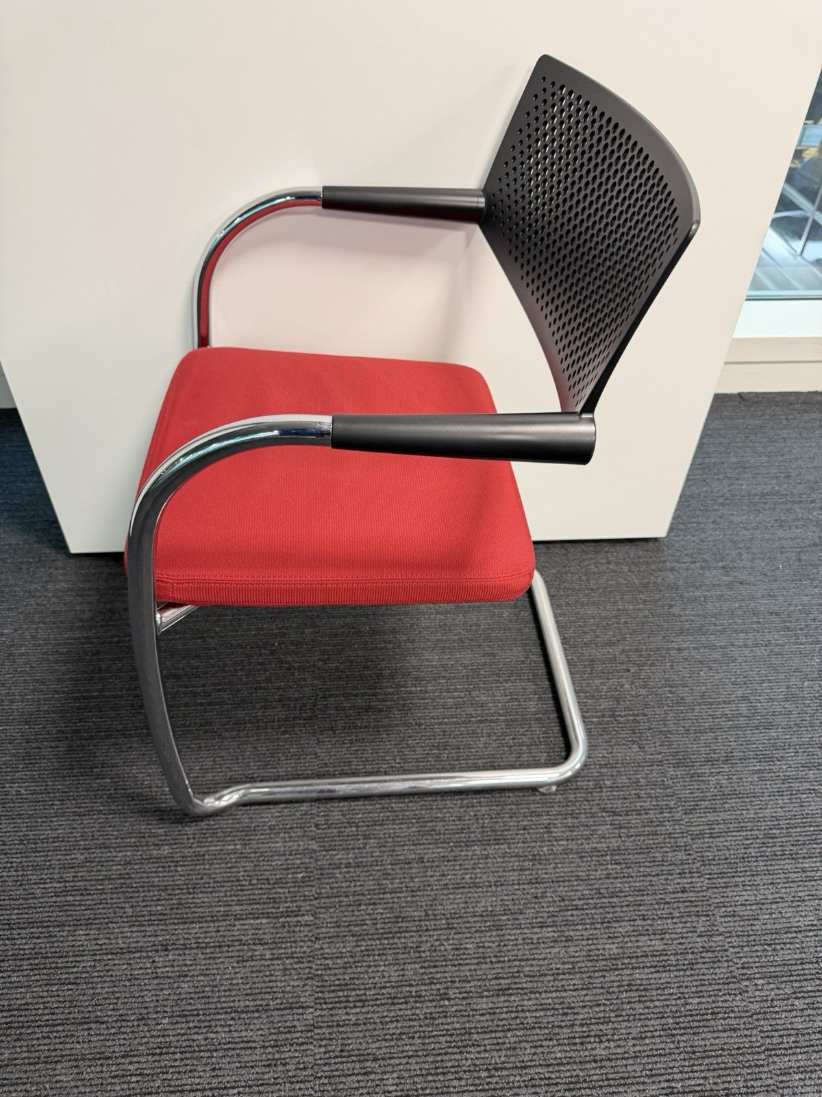 Vitra Visavis Visitor Chair Red Fabric Seat, Black Perforated Back, Chrome Frame