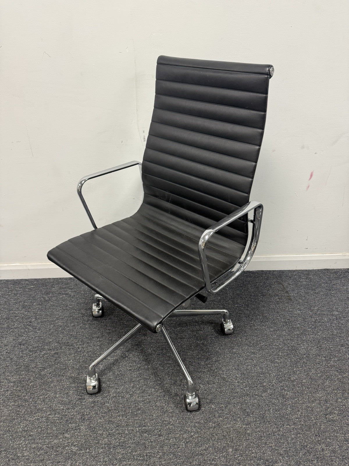 Eames Inspired High Back Boardroom Chair Black Leather Chrome Base