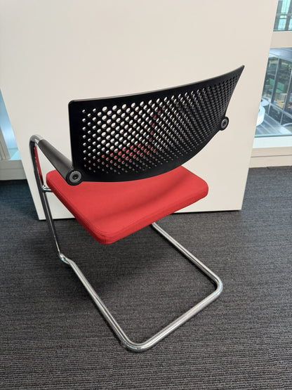 Vitra Visavis Visitor Chair Red Fabric Seat, Black Perforated Back, Chrome Frame