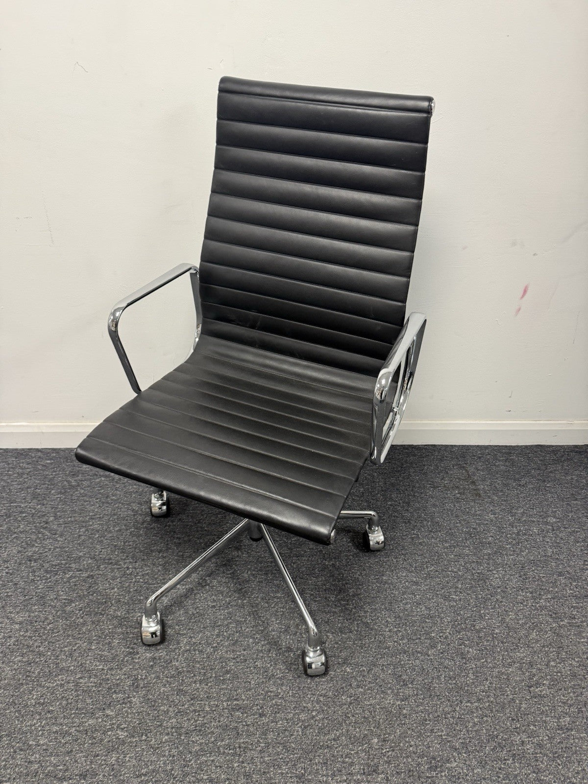 Eames Inspired High Back Boardroom Chair Black Leather Chrome Base