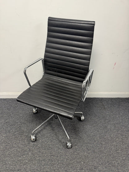 Eames Inspired High Back Boardroom Chair Black Leather Chrome Base