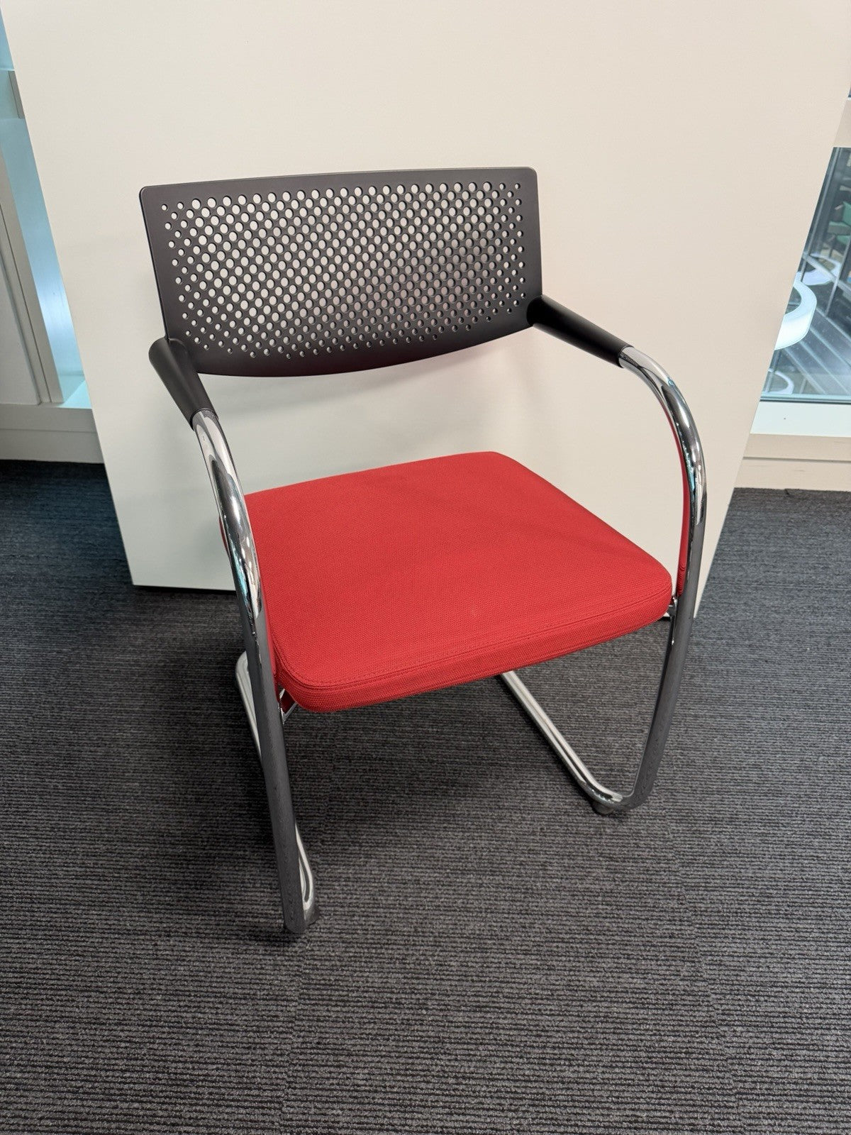Vitra Visavis Visitor Chair Red Fabric Seat, Black Perforated Back, Chrome Frame