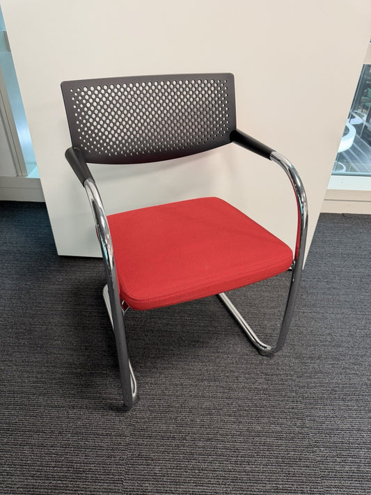 Vitra Visavis Visitor Chair Red Fabric Seat, Black Perforated Back, Chrome Frame