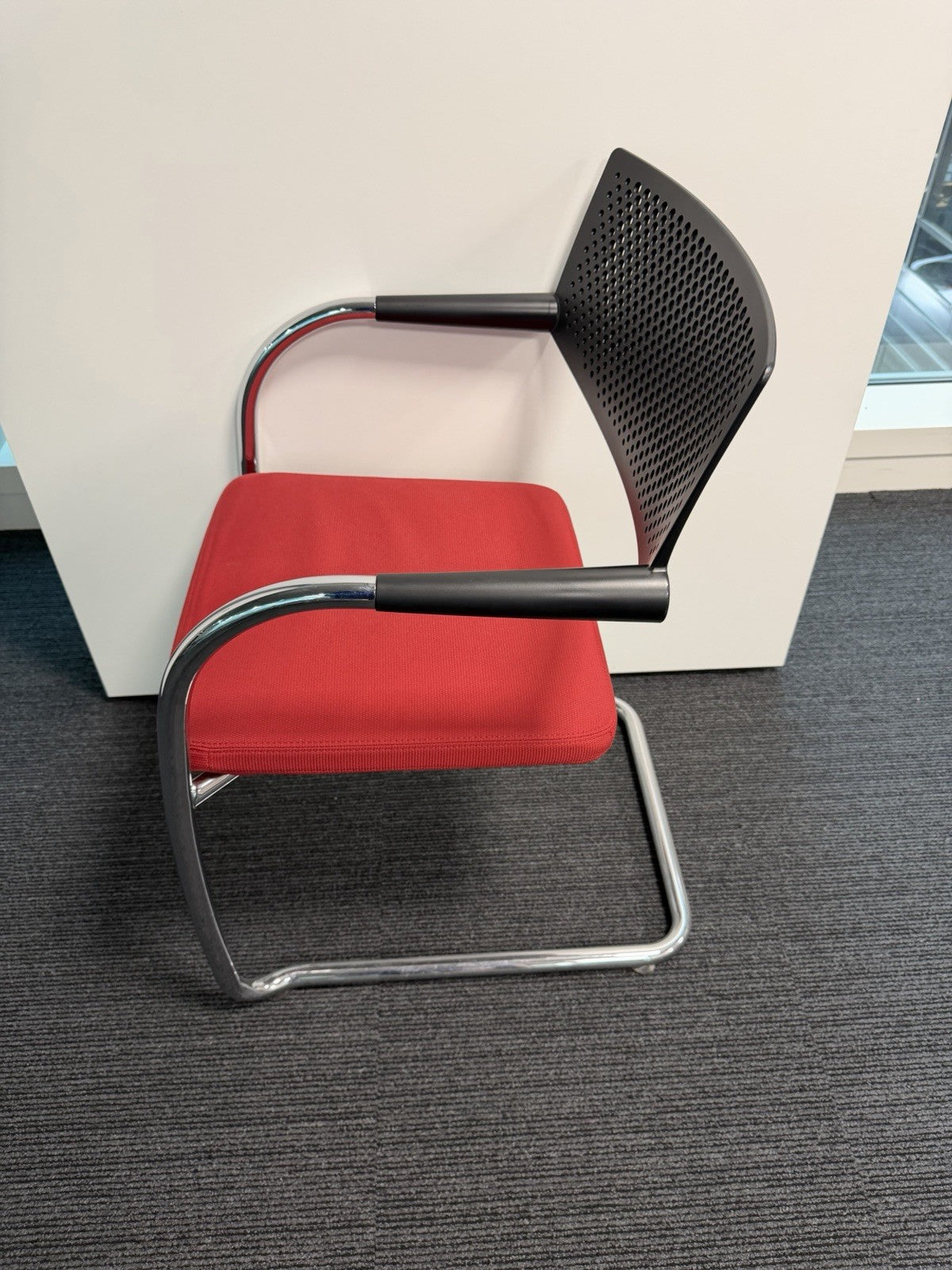 Vitra Visavis Visitor Chair Red Fabric Seat, Black Perforated Back, Chrome Frame