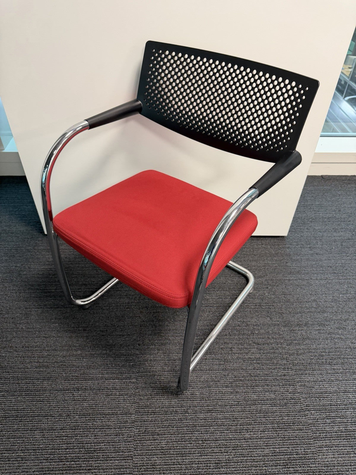 Vitra Visavis Visitor Chair Red Fabric Seat, Black Perforated Back, Chrome Frame