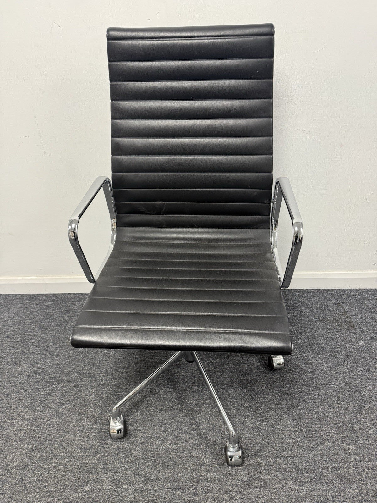 Eames Inspired High Back Boardroom Chair Black Leather Chrome Base